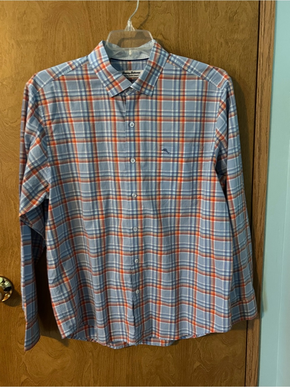 Tommy Bahama Men's Blue Orange White Plaid Size Large Long Sleeve Shirt EUC
